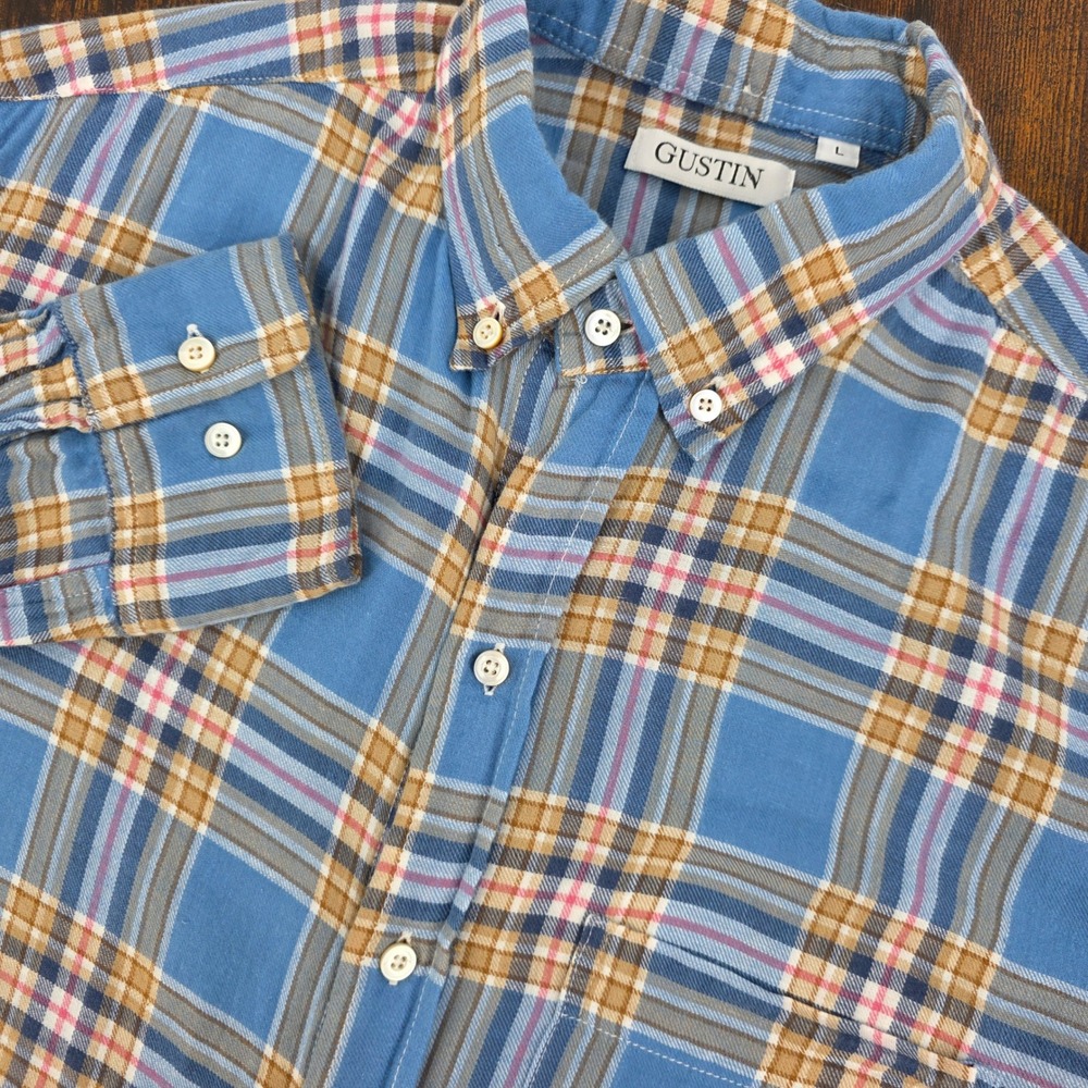 Gustin Plaid Button Down Shirt Lightweight Flannel Mens L Blue Tan Made in USA